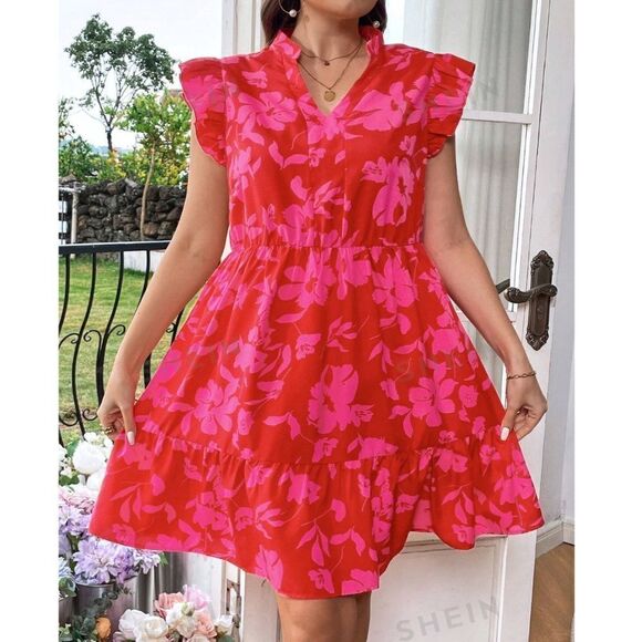 NEW SHEIN VCAY Plus Floral Print Notched Neck Ruffled Hem Sundress 18/3XL PINK - Picture 5 of 11